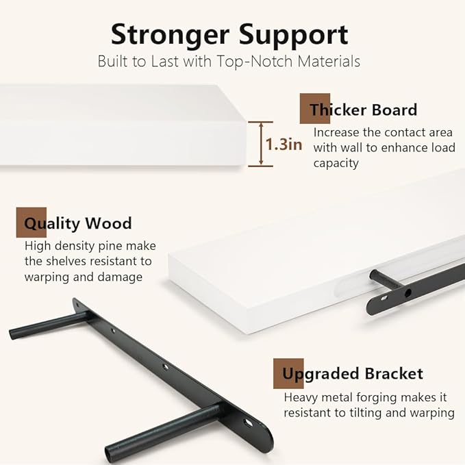 Habudda Floating Shelves for Wall, Display Shelf for Bathroom Bedroom Kitchen, Rustic Decor Pine Solid Wood Bookshelf, 30 Inch Long, Set of 2, White