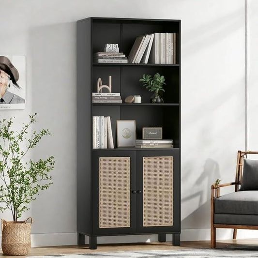 Tall Bookshelf, 5-Tier Book Shelf with 2 Rattan Doors, Freestanding Bookcase Display Shelves with Large Storage, Book Case for Living Room, Office, Study, Bedroom, 70.9 Inch