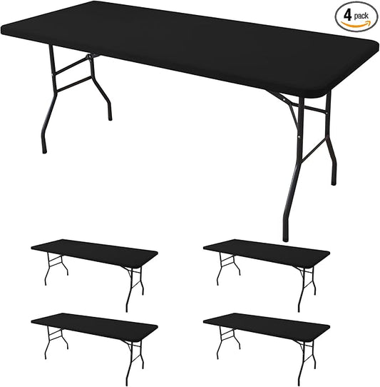 Fitted Tablecloth for 8 Foot Rectangle Tables-4 Pack Black Elastic Outdoor Picnic Table Cover-Spandex Stretch Folding Table Cloths 8ft for Camping Dining Room Patio Kitchen Banquet Party