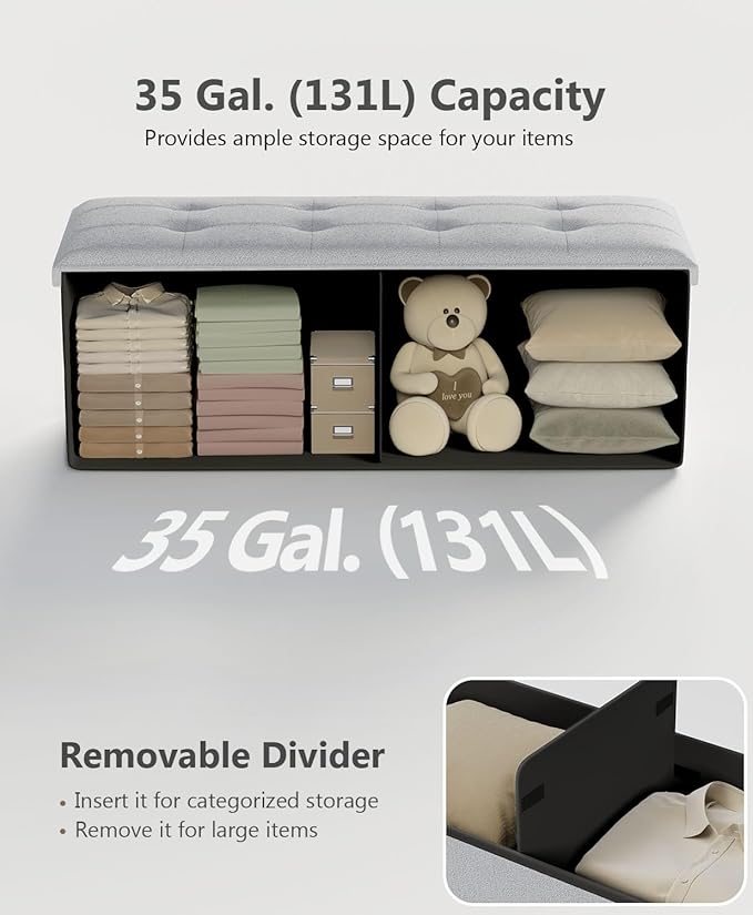 Storage Ottoman Bench, Folding Ottoman Foot Rest, End of Bed Bench,Storage Chest, for Living Room, Bedroom, Hallway, Entryway, Holds up to 700 lb (Light GREY1, 43")