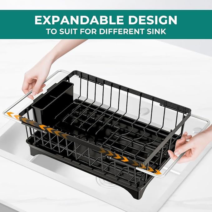 Expandable Dish Drying Rack in Sink, Adjustable Stainless Steel Rustproof Grip Handles Dish Rack Over The Sink, Dish Strainer with Drying Tray & Utensil Holder