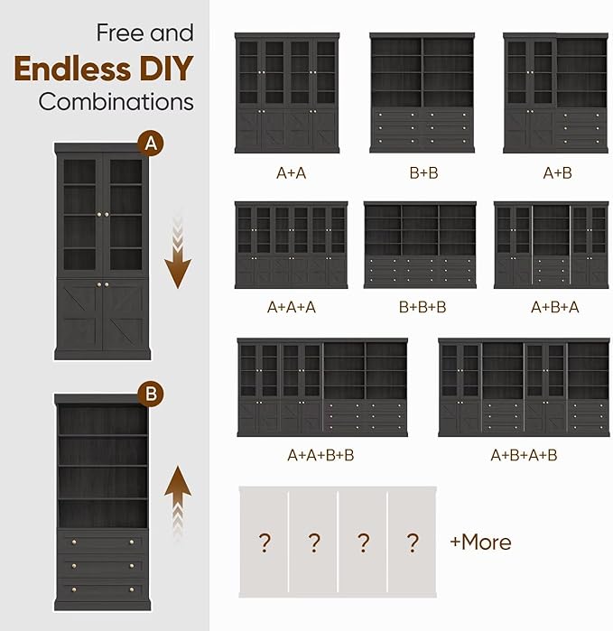 Vyre 71" Tall Farmhouse Bookshelves with Drawers, Large Modular Bookcase with Adjustable Shelves, Storage Cabinet for Living Room, Kitchen, Home Office, Black