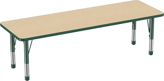 Factory Direct Partners FDP Rectangle Activity School and Classroom Kids Table (24 x 72 inch), Chunky Toddler Legs, Adjustable Table Height 15-24 inches - Maple Top and Green Edge