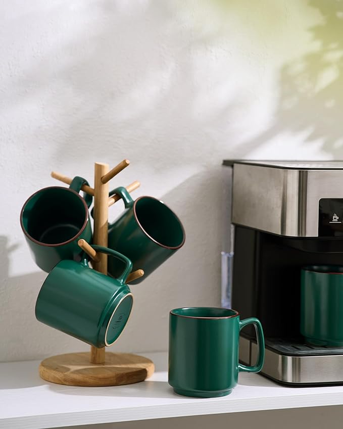 famiware Coffee Mugs Set of 4, Nebula 14oz Coffee Mugs, Ceramic Cup Set with Handle for Latte, Tea, Milk, Cappuccino, Cocoa, Dark Green