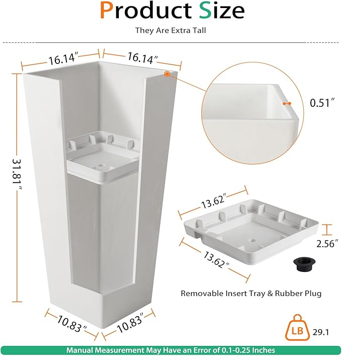 Tall Planters for Outdoor Plants, Large Resin Flower Pots for Garden, Front Porch, Patio, Indoor - Set of 2 (White, 32 inch - 2 Pack)
