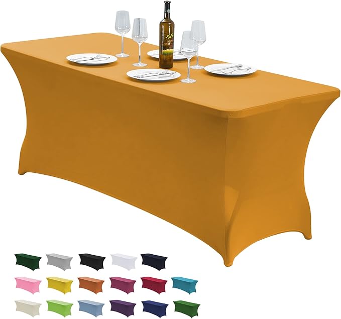 CWK 6FT Waterproof Stretch Spandex Table Cover for Rectangular Tables - Elastic Fitted Tablecloth for Folding Tables,Wrinkle Resistant Table Cloth for Parties, Weddings, Banquets & Events (Gold)