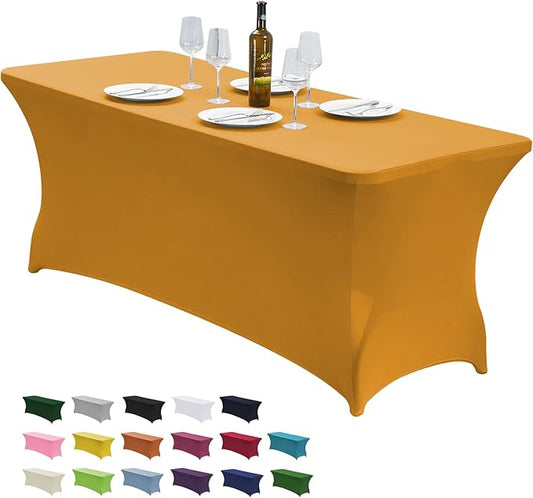 CWK 6FT Waterproof Stretch Spandex Table Cover for Rectangular Tables - Elastic Fitted Tablecloth for Folding Tables,Wrinkle Resistant Table Cloth for Parties, Weddings, Banquets & Events (Gold)