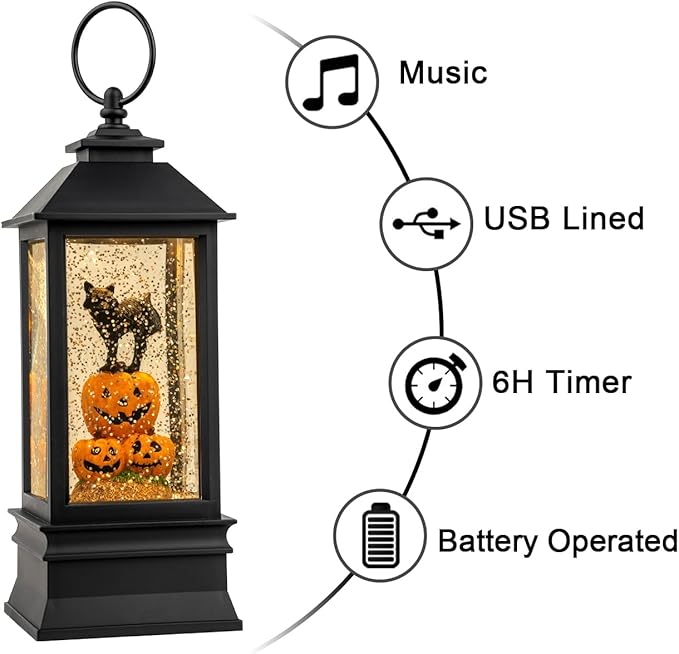 Halloween Snow Globe Lantern Water Glittering Spooky Witch' s Black Cat in Pumpkins with Music, USB Lined/Battery Operated Lighted Lantern for Halloween Festival Decoration Gifts