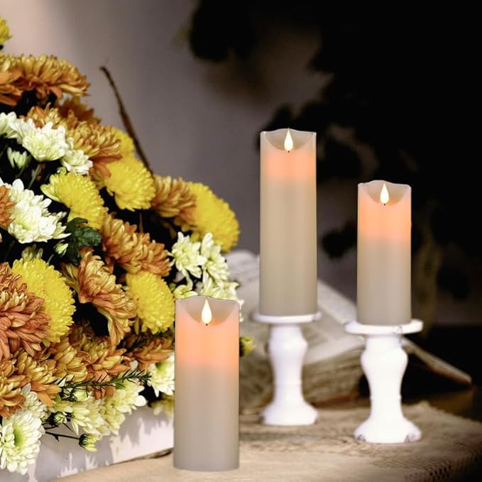 Flameless Battery Operated LED Candles 3D Wick with10key Button Remote Control 24-Hour Timer Set of 5 Electric Flickering Pillar Real Wax，Wedding, Party, Home Decoration