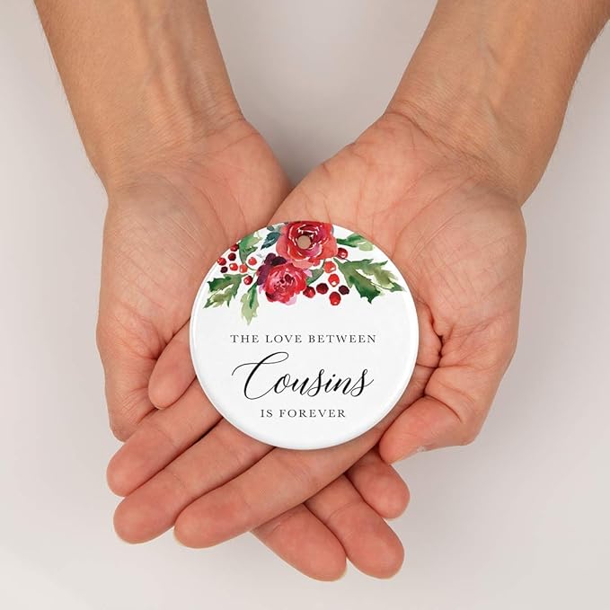 Andaz Press Round Ceramic Porcelain Christmas Tree Ornament Keepsake Gift for Cousins, The Love Between Cousins is Forever, 1-Pack Cousin Ornament 2025 Cousin Christmas Ornaments