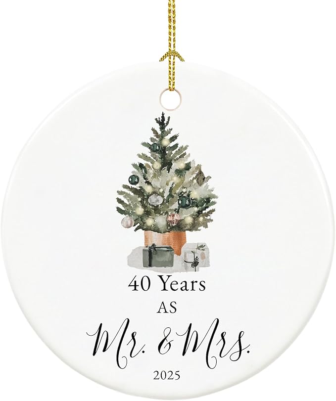 40th Anniversary Ornament Gifts for Parents,Couple, 40th Wedding Anniversary for 40 Year as Mr and Mrs Gifts, Ceramic Keepsake 40th Anniversary Christmas Ornaments with Ribbon and Box