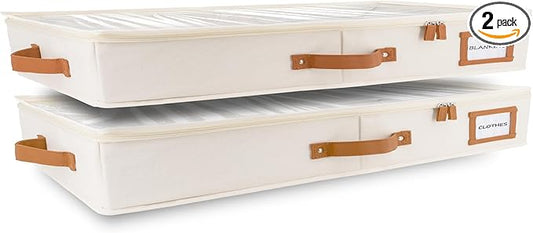 HOMELUX THEORY 2pc Low Profile Under Bed Storage Containers, Thin Under Couch Storage Organizer with Bins & Lids, Underbed Storage Box Ideal for Seasonal Clothes, Blankets, Fabric & Shoes (Ivory)