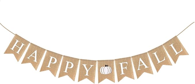 Happy Fall Burlap Banner White Jute Burlap Pumpkin Garland Harvest Mantel Fireplace Wall Hanging for Home Office School Party Decor Thanksgiving Decoration