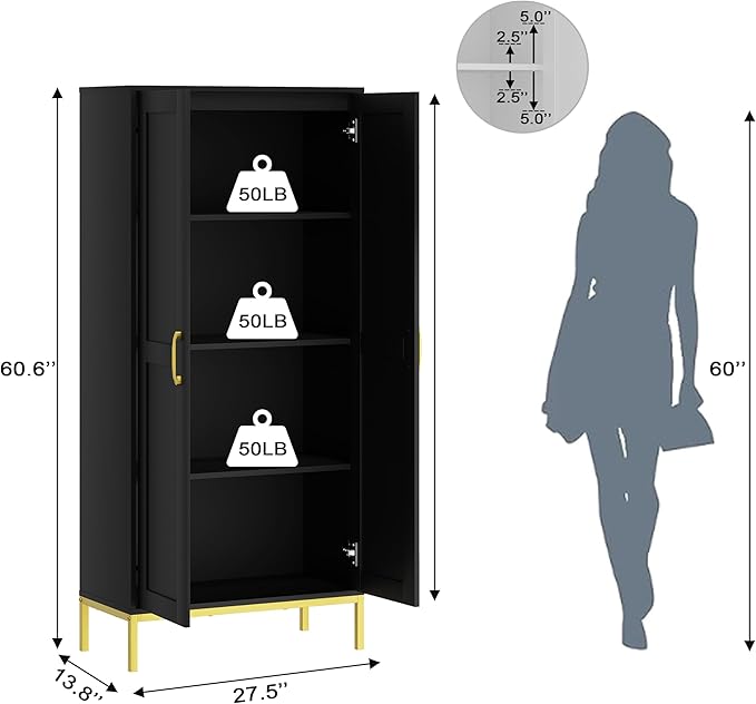 Tall Storage Cabinet, Kitchen Pantry Cabinet with 2 Doors & Adjustable Shelves for Laundry Room, Living Room, Entryway,Bathroom,Black