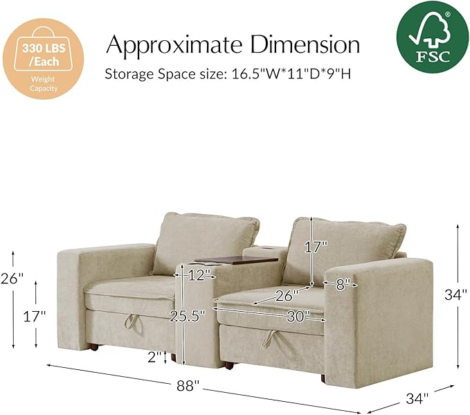 HULALA HOME 88" Loveseat Sofa with USB Port and Console, Oversized 2 Seater Sofa with Storage Ottoman, Comfy Upholstered Loveseat Couch for Living Room Bedroom, FSC Certified, Beige