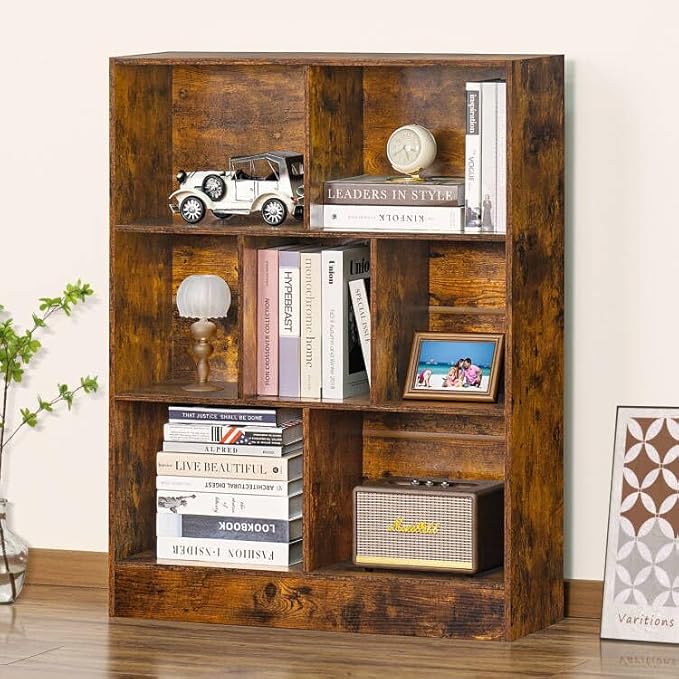 LEYAOYAO 7 Cube Bookshelf with Base,3 Tier Mid-Century Modern Brown Bookcase,Standing Wide Bookshelves Storage Organizer Shelf,Rustic Wood Display Cabinet Book Shelves for Bedroom,Living Room,Office