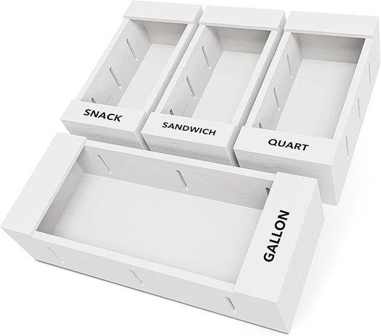 SpaceAid Bag Storage Organizer for Kitchen Drawer, Bamboo Organizer, Compatible with Gallon, Quart, Sandwich and Snack Variety Size Bag (4 Pack), White