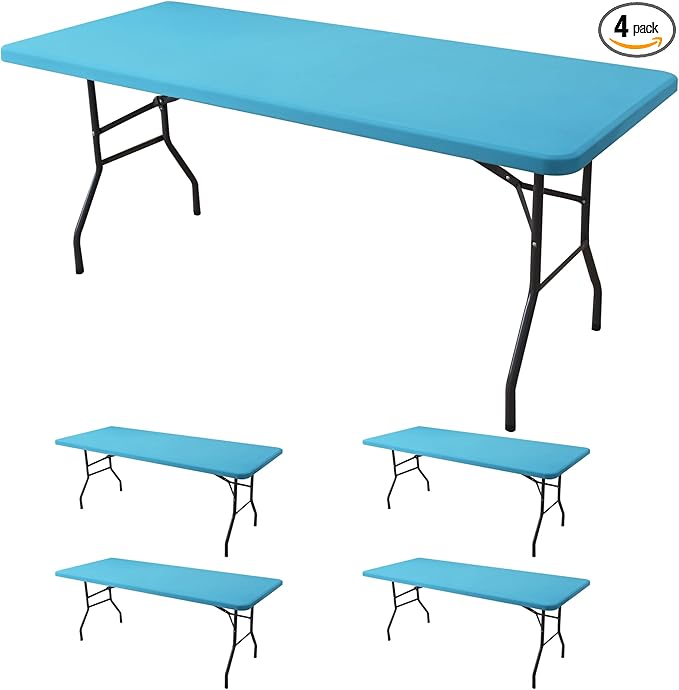 Fitted Tablecloth for 8 Foot Rectangle Table-4 Pack Light Blue Elastic Outdoor Picnic Table Cover-Spandex Stretch Folding Tablecloths 8ft for Camping Dining Room Patio Kitchen Banquet Party