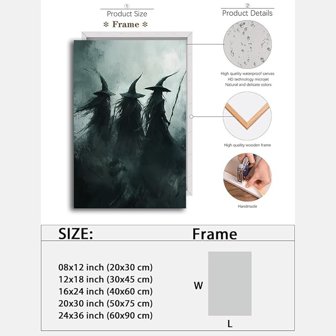 Gothic Witchs Horror Halloween Wall Art,Three Witches in Moody Forest Painting Wall Decor,Autumn Spooky Witches Forest Canvas Printing For Gallery Living Room Bedroom,8"x12" Framed