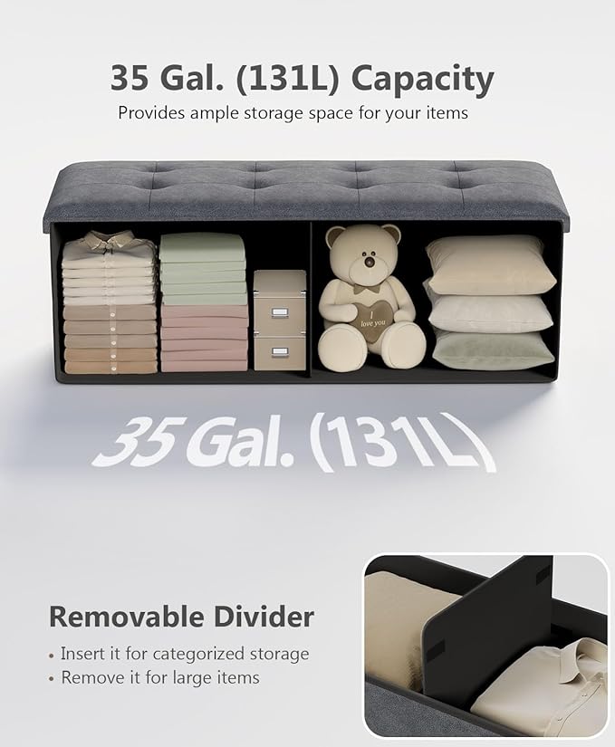 Storage Ottoman Bench, Folding Ottoman Foot Rest, 15 x 43 x 15 Inches, End of Bed Bench, Storage Chest, for Living Room, Bedroom, Hallway, Entryway, Holds up to 700 lb,Dark Gray