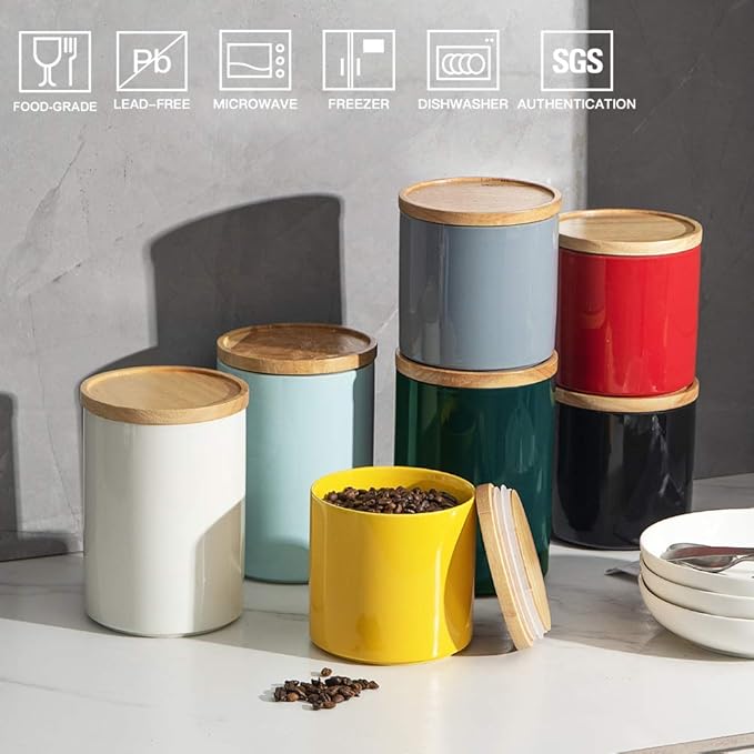 Sweejar Kitchen Canisters Ceramic Food Storage Jar Set, Stackable Containers with Airtight Seal Wooden Lid for Serving Ground Coffee, Tea, Herbs, Grains, Sugar, Salt - Set of 4 (Black)