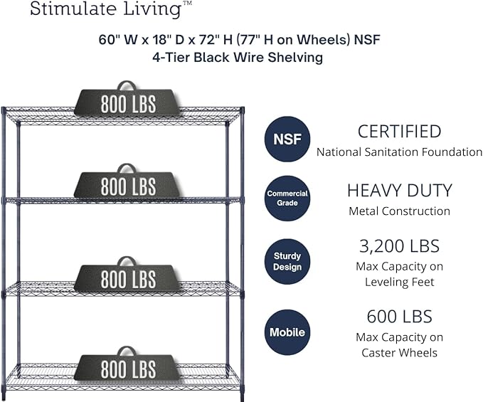 60"x18"x72" Prime Heavy Duty Black 4-Tier Wire Shelving NSF 3200 LBS MAX Capacity Storage Rack for Commercial, Hospital, School, Garage, and Kitchen Uses (with Wheels)
