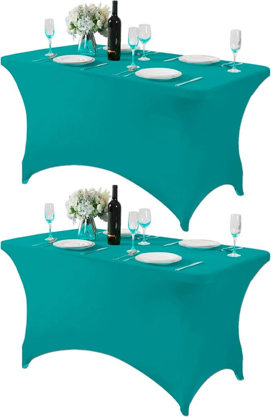 2Pack Spandex Table Cover for 4FT or 6ft or 9ft Table Universal Fitted Stretch Tablecloth for Party, Banquet, Wedding and Events-Turquoise