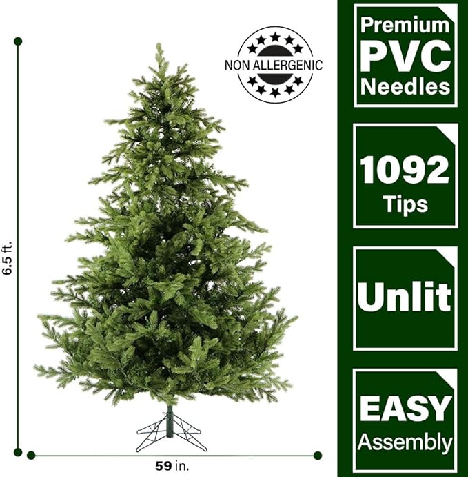 Fraser Hill Farm 6.5-Ft. Foxtail Pine Artificial Christmas Tree with Stand and No Lights, Unlit Foldable Fake Tree with Realistic Foliage for Home Decoration