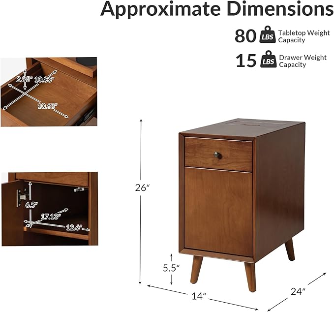 HULALA HOME End Table with Drawer Set of, Modern End Table with USB Ports and Outlets, Wooden Side Table with Storage-Acorn