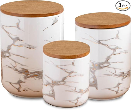 White Ceramic Canister Set with Wooden Lid, 3-Piece Food Storage Jars for Kitchen Counter, Storage Container for Sugar, Coffee, Tea, Spice