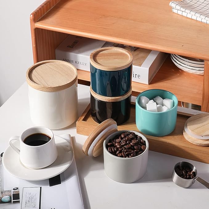 Sweejar Kitchen Canisters Ceramic Food Storage Jar, Stackable Containers with Airtight Seal Wooden Lid for Serving Ground Coffee, Tea, Sugar, Spice and More - 5 Fl Oz(Gray)