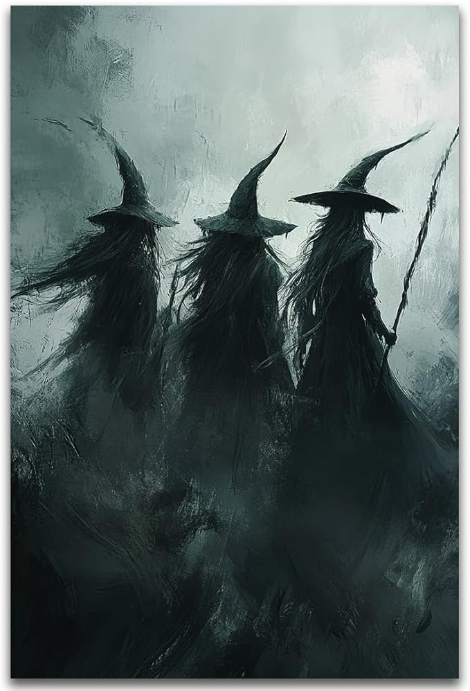 Gothic Witchs Horror Halloween Wall Art,Three Witches in Moody Forest Painting Wall Decor,Autumn Spooky Witches Forest Canvas Printing For Gallery Living Room Bedroom,24"x36" Unframed
