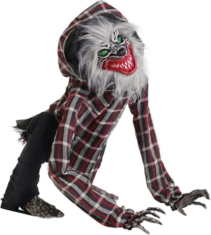 Haunted Hill Farm Squatting Werewolf Animatronic with Movement,Sounds,and Light-Up Eyes for Scary Halloween Decoration,24 x 18 x 30