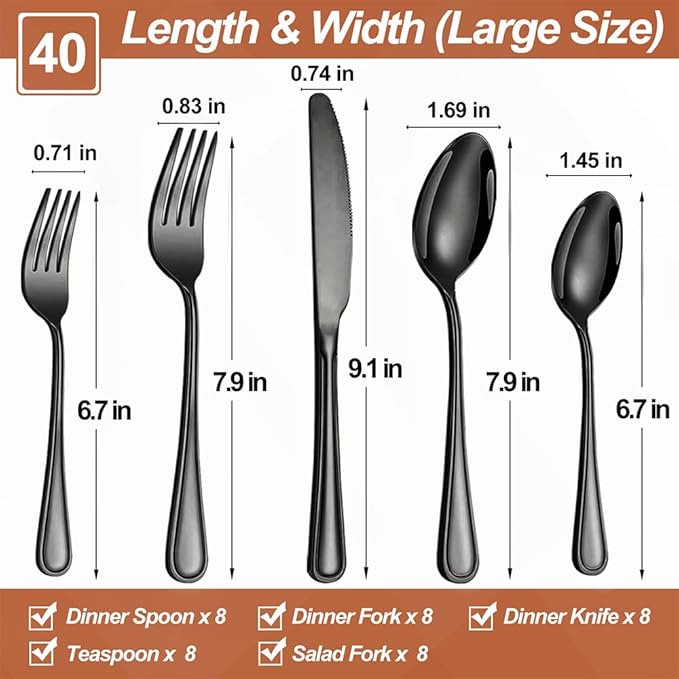 40 Pcs Black Silverware Set for 8 with Simple Striped Handle Design, Food Grade Stainless Steel Flatware Set, Eating Utensils Sets Include Fork/Knife/Spoon, Cutlery Set, Dishwasher Safe