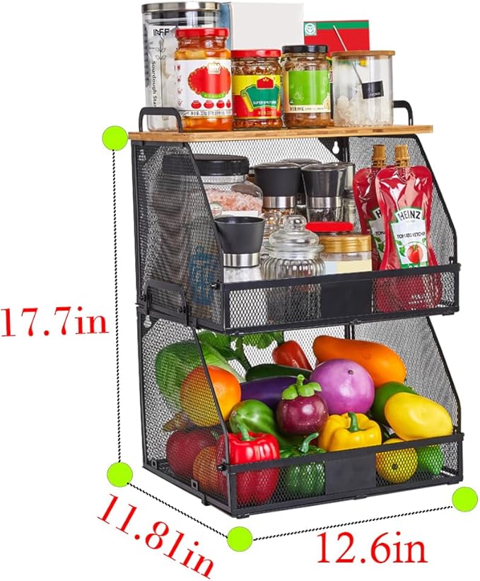2 Tier Stackable Hanging fruit basket for kitchen counter,hanging Wall baskets with Bamboo Tops & Tag,Wire basket for Cabinet Shelf Countertop Pantry Organizer Bins, onion potato Vegs Bread Organizing
