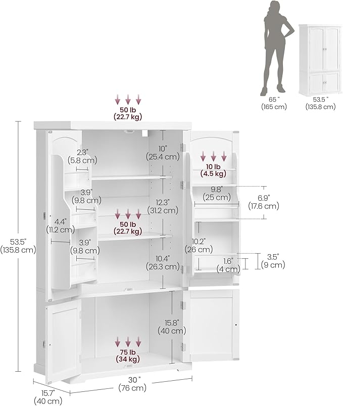 VASAGLE Pantry Cabinet, 53.5-Inch High Freestanding Tall Cupboard Storage Cabinet, 2 Cabinets, 2 Adjustable Shelves, 6 Door Shelves, for Living Room, Kitchen, White UBBC671W01