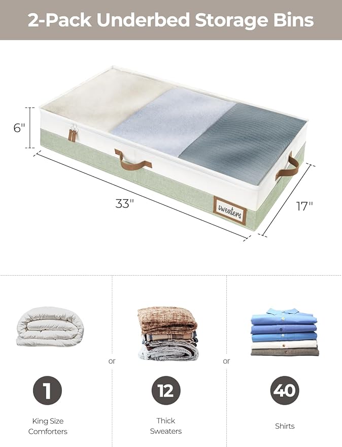 StorageWorks Large Under Bed Storage Containers with Handles and Label Holder, 2 Pack Ultra-thick Fabric Underbed Bins, Closet Organizer for Clothes, Blankets, Sweater