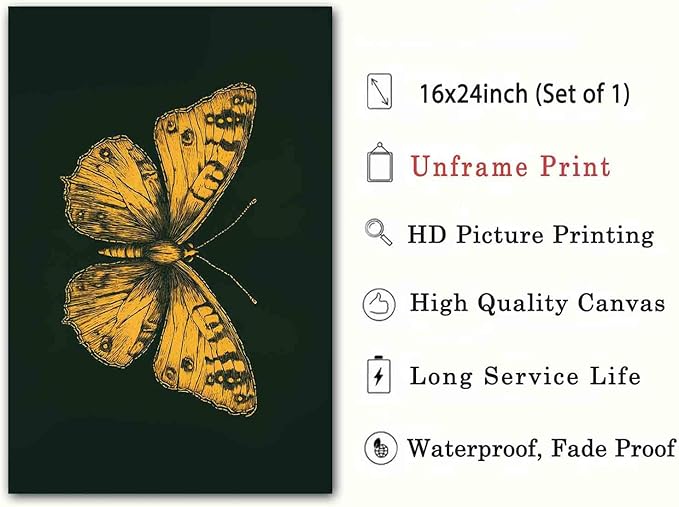 Gold Butterfly Paintings Green Gold Abstract Wall Art Moody Insect Artwork Vintage Butterfly Pictures Abstract Moody Animal Prints Wild Animals Painting Living Room Decor 16x24inch No Frame
