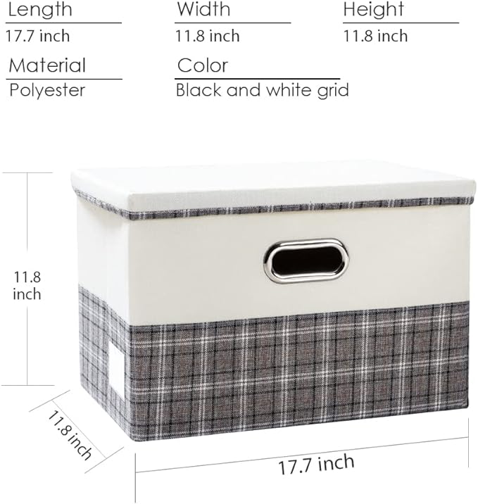 PRANDOM Large Collapsible Storage Bins with Lids [3-Pack] Fabric Foldable Storage Boxes Organizer Containers Baskets Cube with Cover for Home Bedroom Closet Office Gray plaid & Cream(17.7x11.8x11.8)