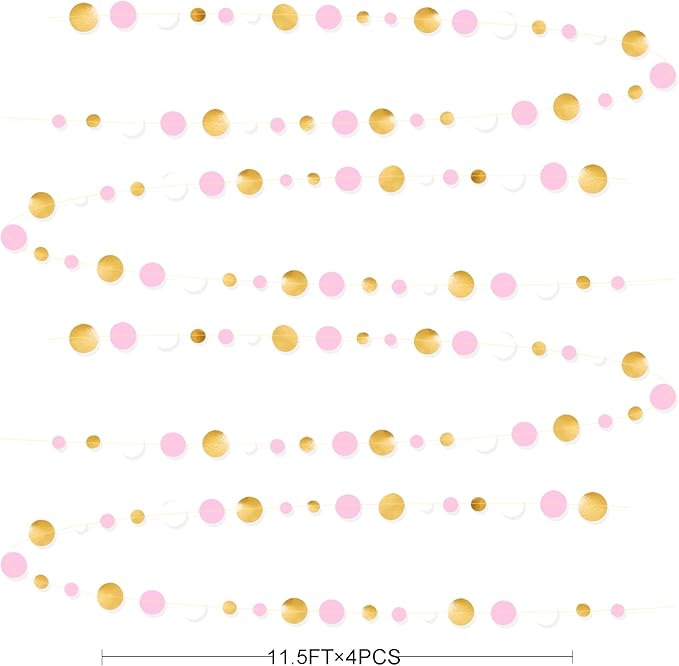 Gold and Pink Party Decorations Circle Dots Garland Metallic Gold Light Pink and White Hanging Polka Dot Streamer for Women Girl Birthday Baby Shower Bridal Shower Wedding Princess Party Supplies
