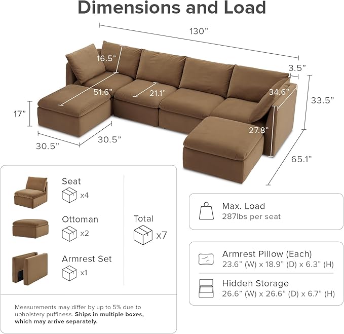 mopio Oversized Modular Sectional Sofa with Fully Removable Covers and Storage, Convertible U, L-Shaped and Sleeper Sectional, Modern Couches with Ottoman Chaise (Hazelnut Velvet, 6 Seats, U)