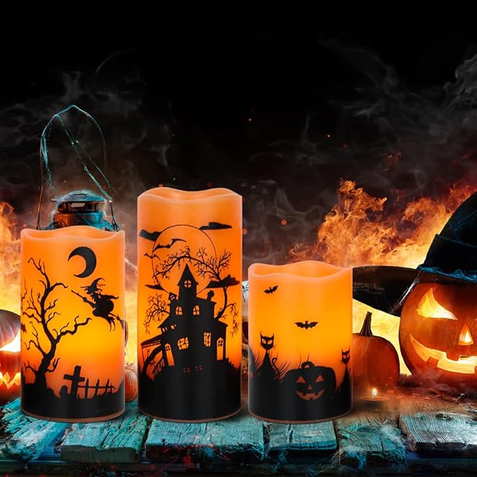 GenSwin Halloween Candles with Timer, Flickering Flameless Candles Battery Operated, 3 Pack Real Wax Pillar Candles for Halloween Home Decorations(D3” x H4”5”6”)