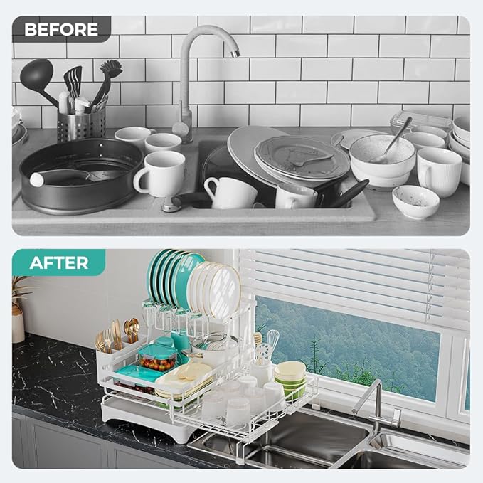 2 Tier Large Dish Drying Rack - Extendable Dish Rack, 2-in-1 Anti-Rust Stainless Steel Dishrack for Kitchen Counter and Sink, Dish Strainer with Utensil Holder & Cup Holder(White)