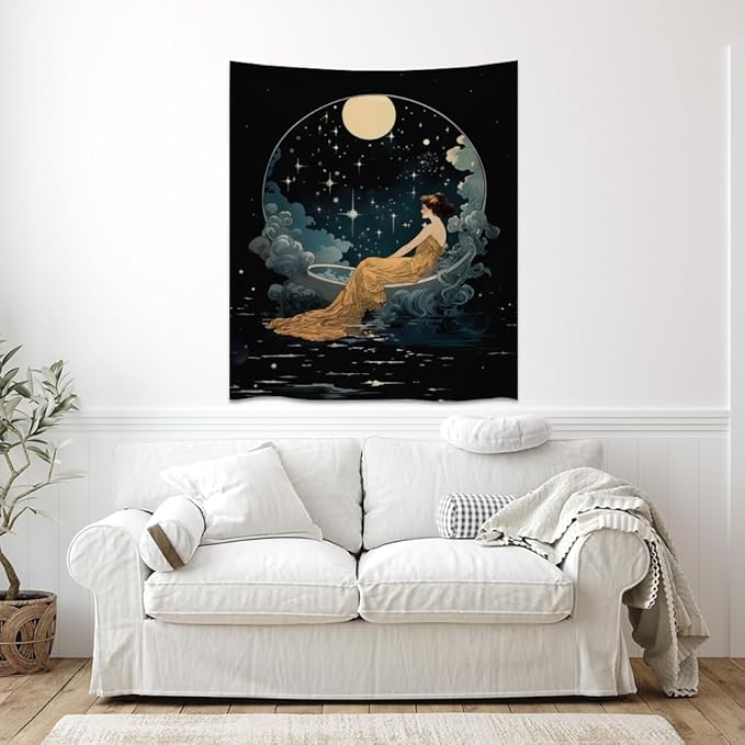 Dark Academia Tapestry Celestial Moonlit Bathing Lady Print Trendy Aesthetic Gothic Wall Hanging Vintage Art Nouveau Tapestries Wall Decor for Bedroom Living Room Dorm 30x40inch