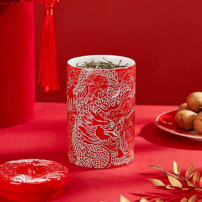Porlien Chinese Dragon Porcelain 15-ounce Canisters Set of 2, Food Storage Containers with Lid for Coffee Beans, Tea, Condiments & Nuts