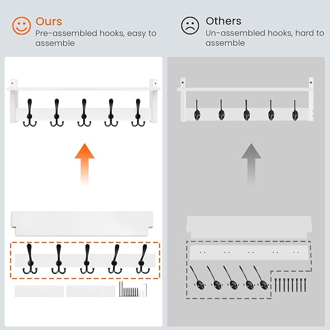 Homode Wall Shelf with Hooks, 24 Inch Coat Rack with Tri Hooks, Farmhouse Entryway Floating Coat Hanger with Storage for Bathroom, Entry Way, Mudroom, White