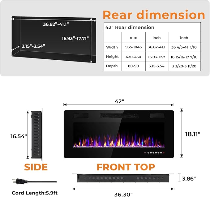 Antarctic Star 42 Inch Electric Fireplace in-Wall Recessed and Wall Mounted, Fireplace Heater and Linear Fireplace with Multicolor Flame, Timer, 750/1500W Control by Touch Panel & Remote