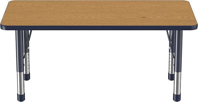 Factory Direct Partners FDP Rectangle Activity School and Kids Classroom Table (24 x 48 inch), Toddler Legs, Adjustable Height 15-24 inches - Oak Top and Navy Edge