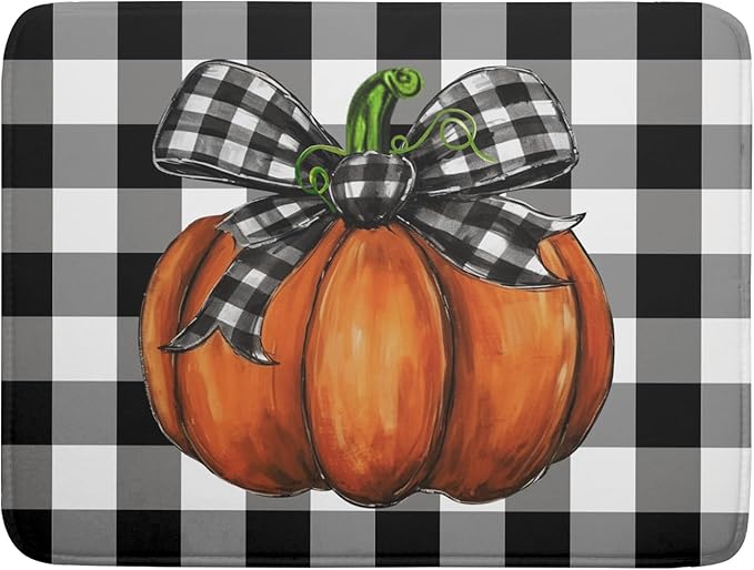 Fall Pumpkin Dish Drying Mat for Kitchen Counter Black White Buffalo Check Thanksgiving Super Absorbent Reversible Microfiber Kitchen Countertop Protector Dishes Pad Large 18x24 inch