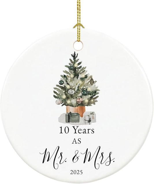 10th Anniversary Ornament Gifts for Couple, 10th Wedding Anniversary for 10 Year as Mr and Mrs Gifts, Ceramic Keepsake 10 Year Anniversary Christmas Ornaments with Ribbon and Box